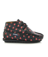 Smooth Leather Moccasin Boots, Black with Red Hearts Print
