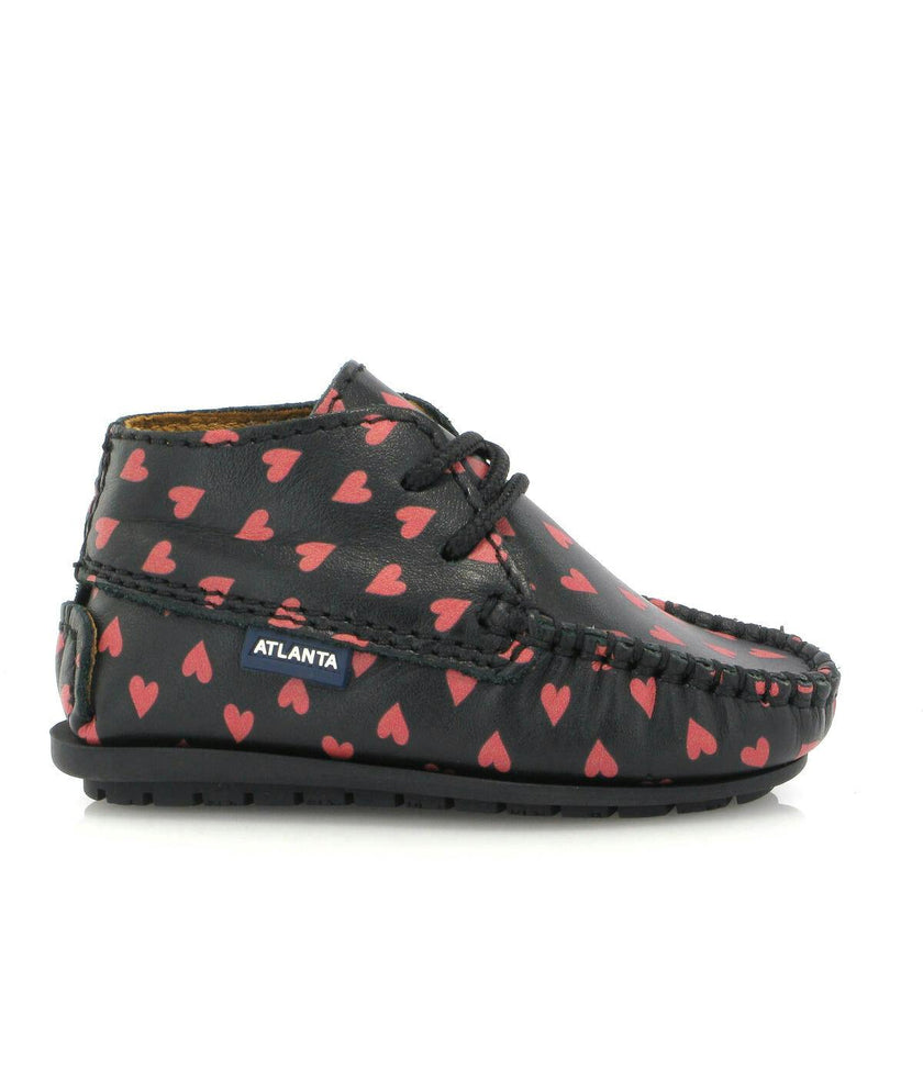 Smooth Leather Moccasin Boots, Black with Red Hearts Print