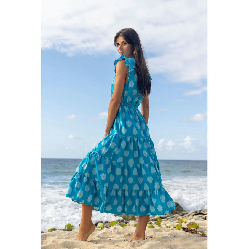 Giselle Women's Maxi Dress Cerulean Blue Ikat, Blue