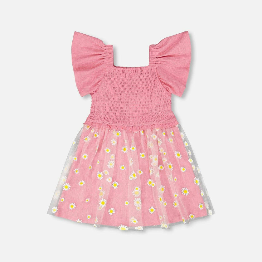 Mesh And Crinkle Jersey Dress With Smocking
