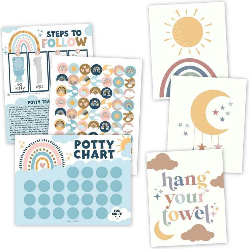 10-Piece Boho Rainbow Potty Training Charts & 6-Piece Bathroom Wall Art Decor Prints