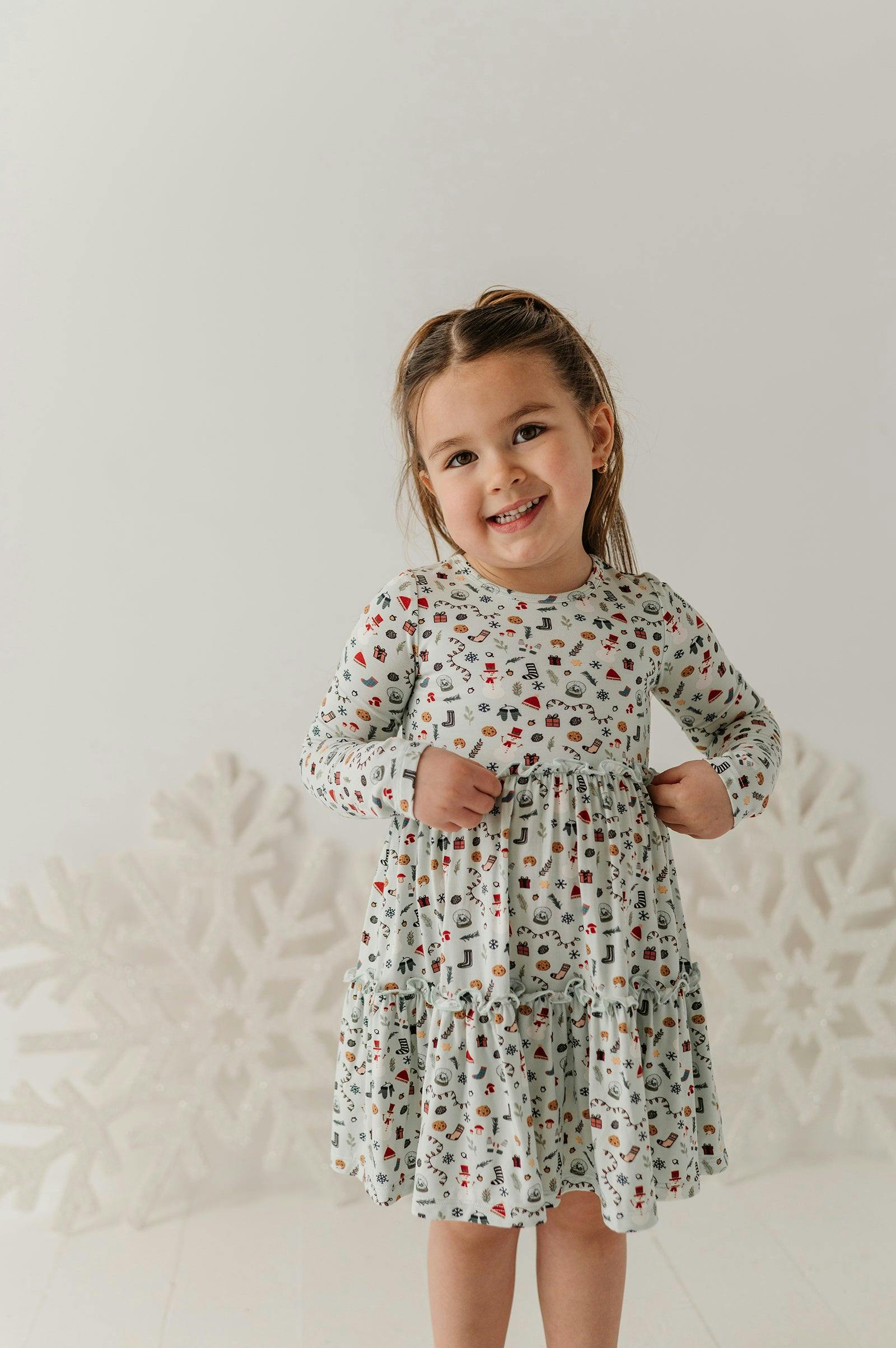 Girls Long Sleeve Double Tiered Dress in Christmas Elements