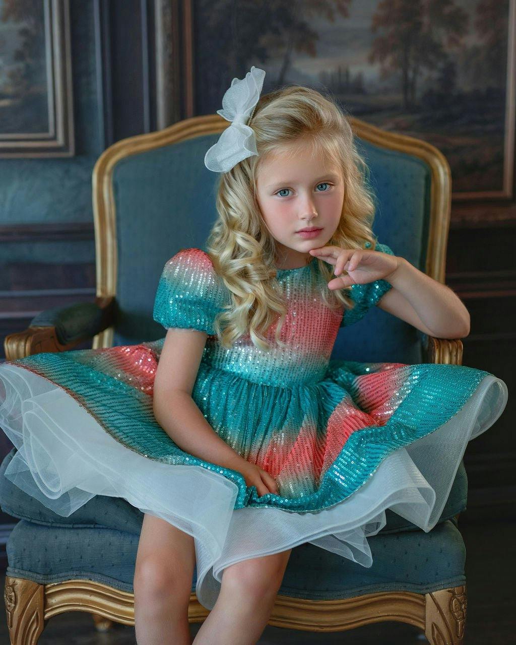 Aqua Sunset Sparkle Sequin Birthday Dress for Girls