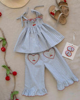 Ruffle Pant Set in Blue Gingham/Cherry
