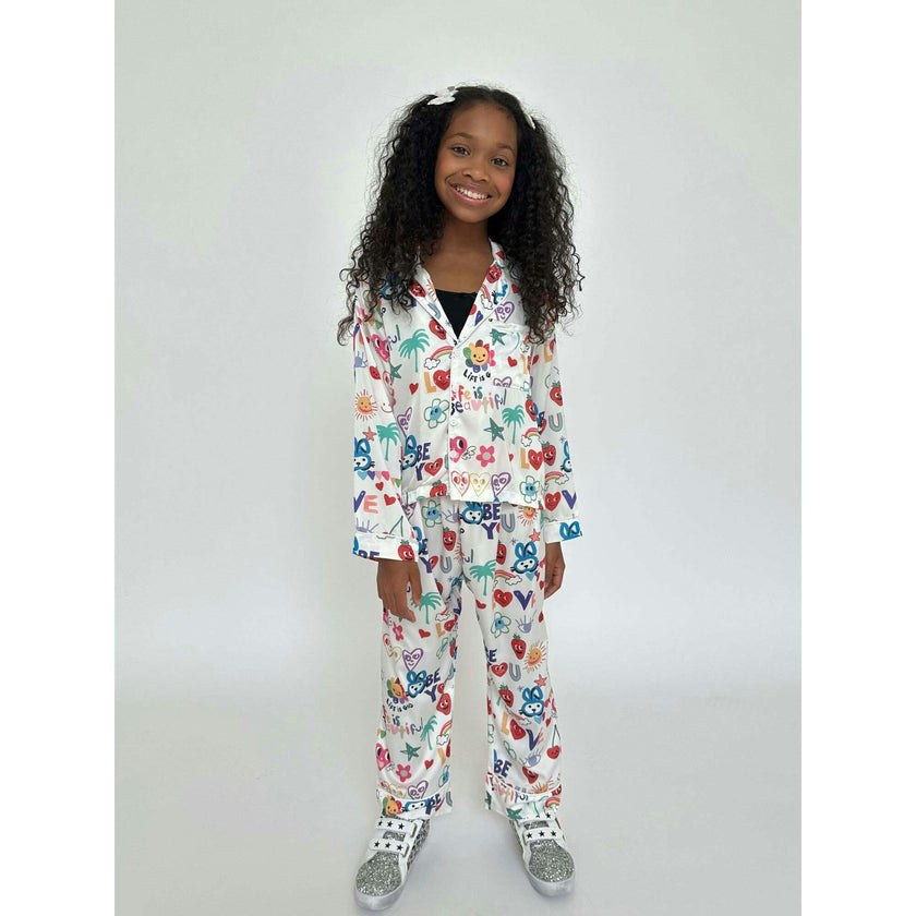 Good Vibes Print Silk Pajama Set