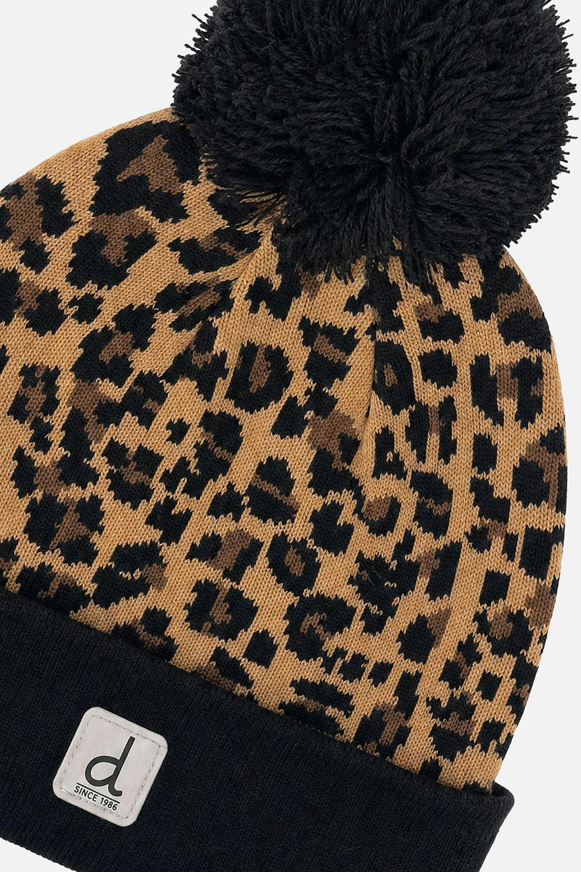 Winter Knit Hat With Pompom Brown Leopard Print