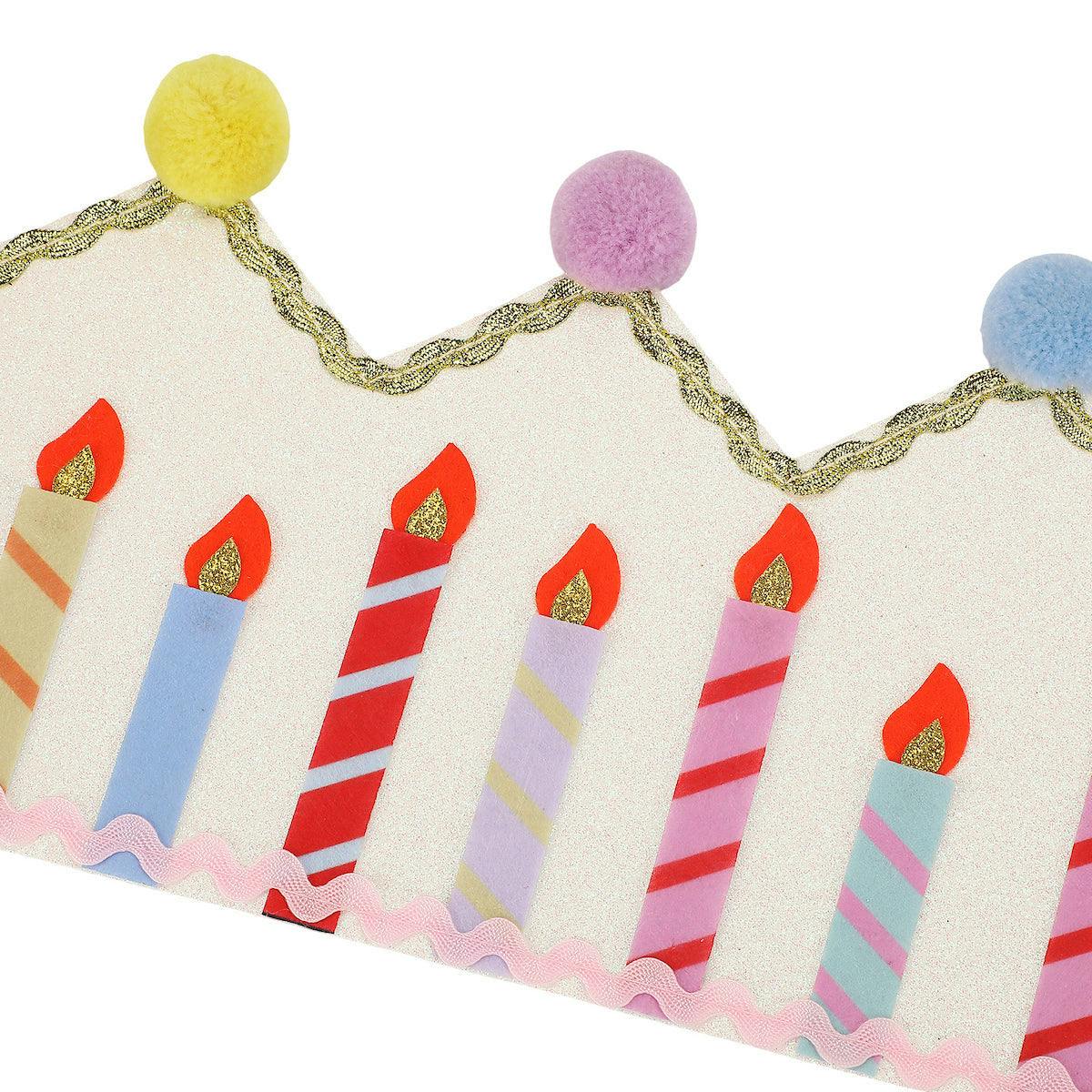 Packed Party Birthday Wishes Reusable Glitter Pom Pom Crown - Metallic Fabric Birthday Candle Crown with Multicolor Poms and Adjustable Satin Ties