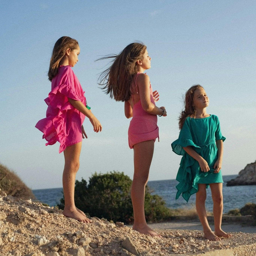 Girl's kaftan with pompoms, fuschia | LEA