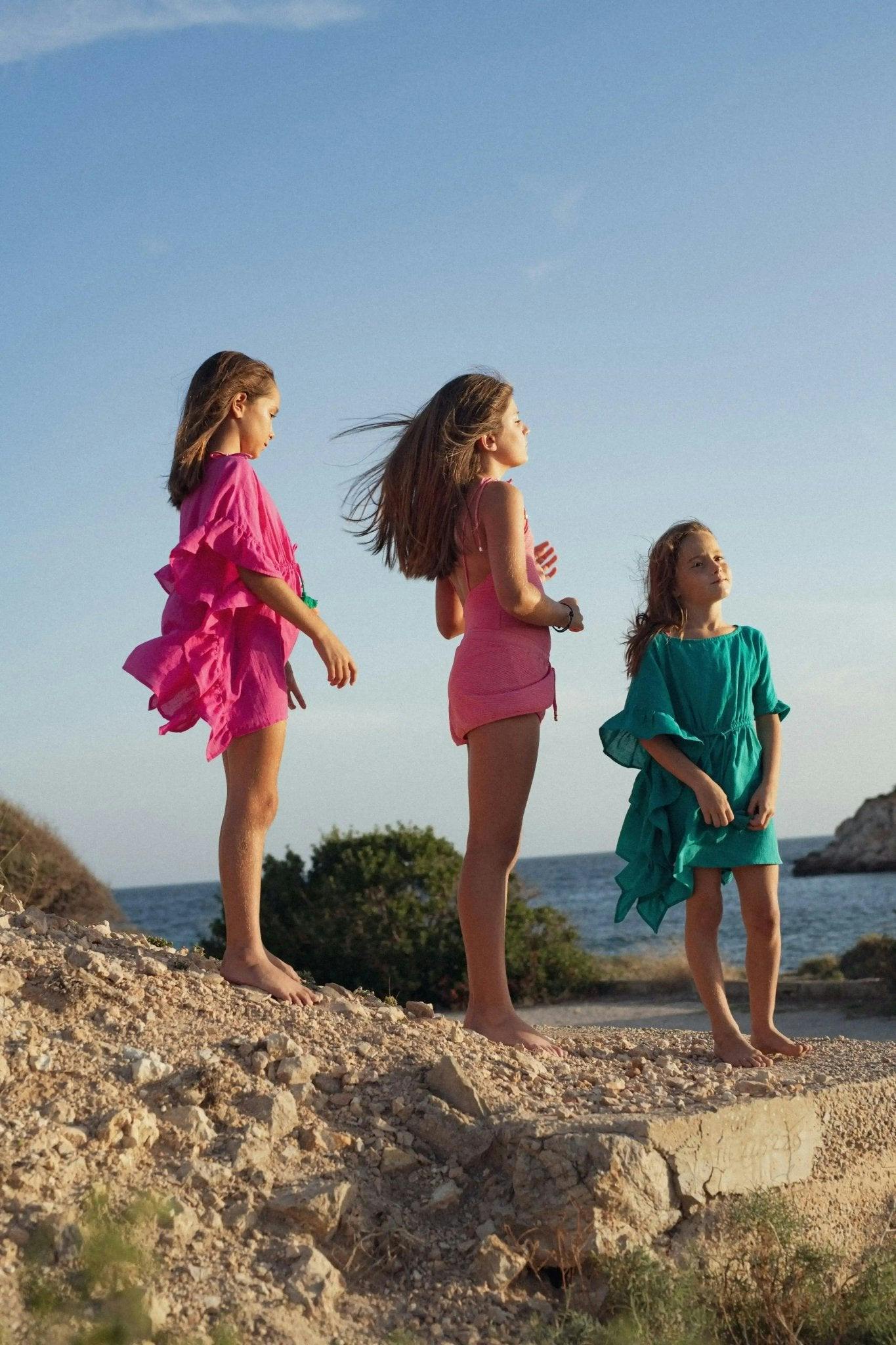 Girl's kaftan with pompoms, fuschia | LEA