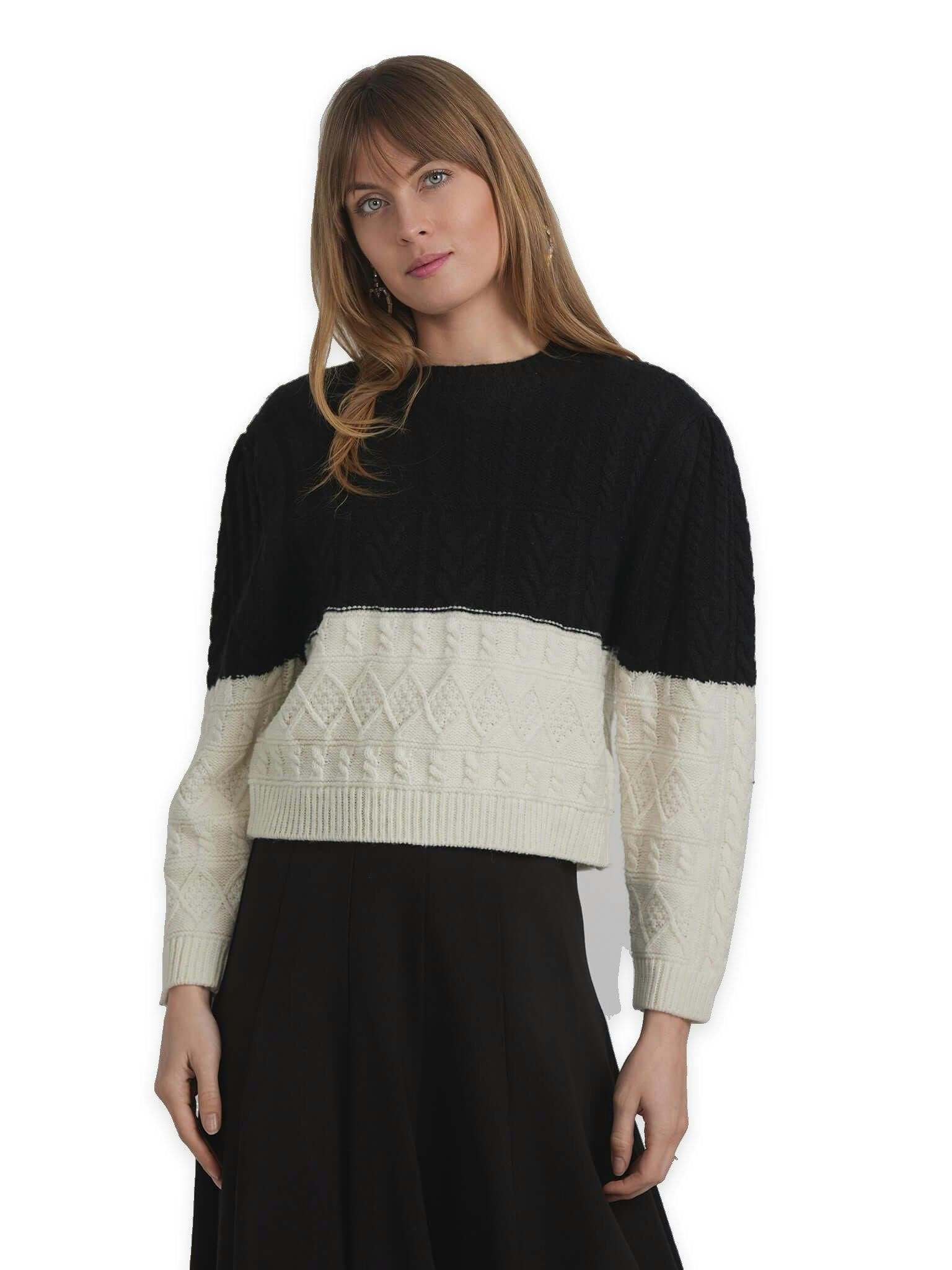 Cropped 2 Tone Cable Knit Sweater