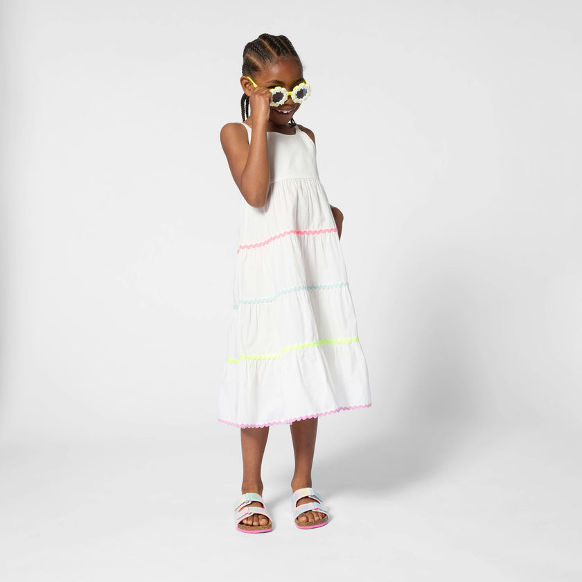 White & Multicolor Trim Kids’ Dress