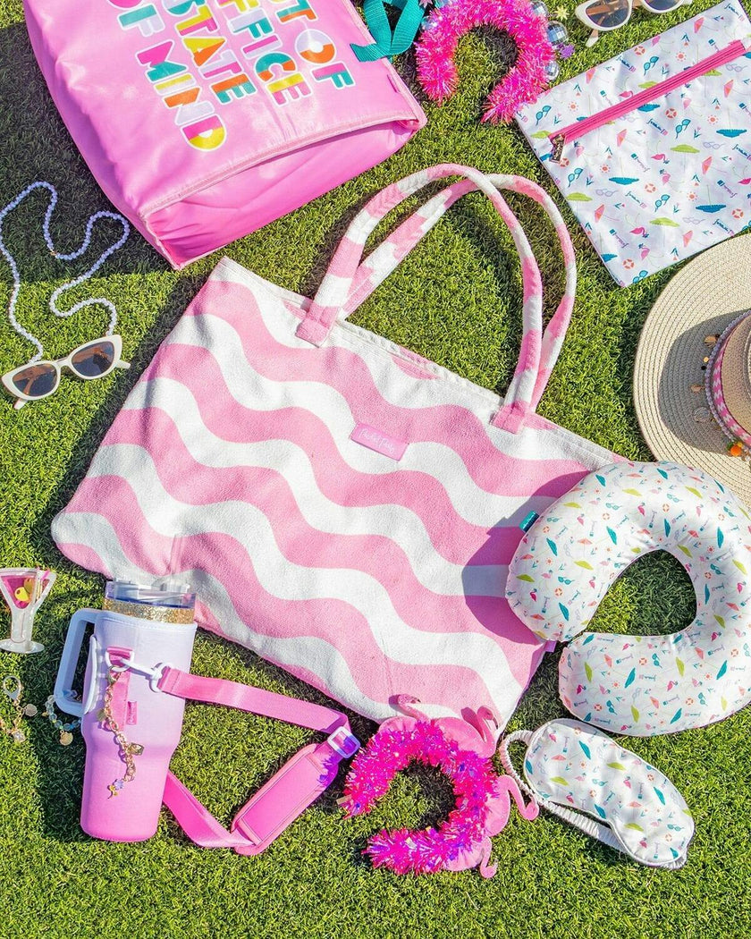 Packed Party Coastal Comfort Pink Scallops 2-in-1 Tote Towel Bag – Wave Print Beach Tote that Unfolds into a 64.5x34 Inch Towel for Beach and Pool Days