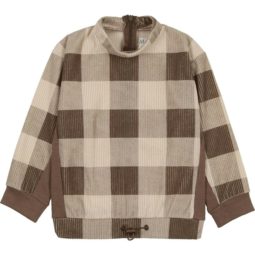 Corduroy Plaid Mao Collar Long Sleeve Toggle Top