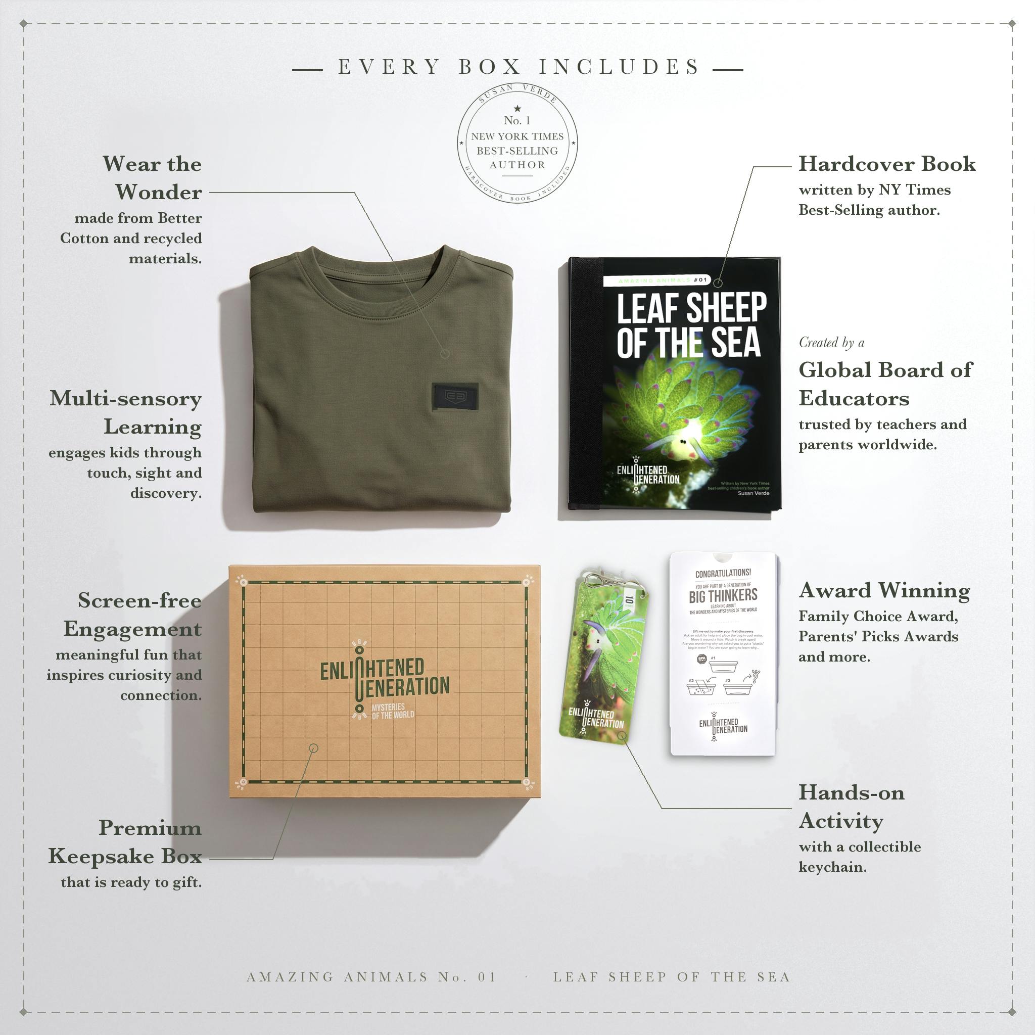 Leaf Sheep Gift Box with Green Peek-and-Discover Kids Tee, Book, and Activities