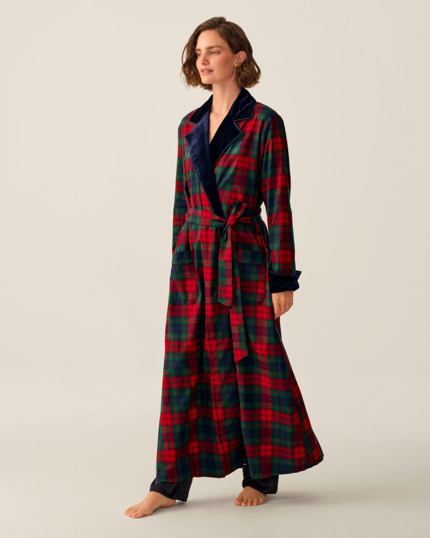 Women's Brushed Twill Velvet Trim Robe in St. James Tartan