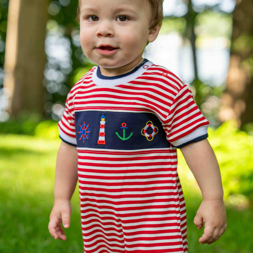Stripe Knit Shortall With Nautical Applique