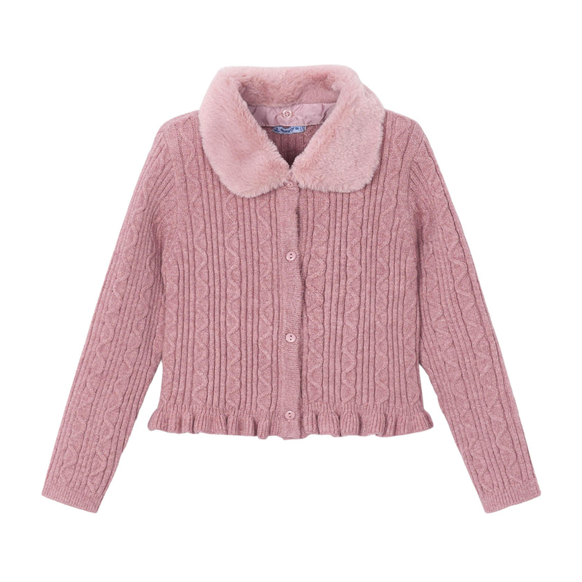 Pink Faux Fur Collar Cardigan