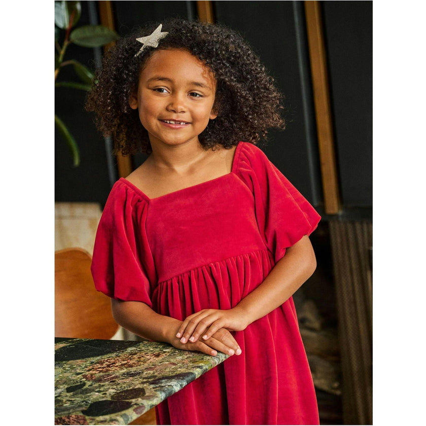 Puff Shoulder Velour Dress, Red