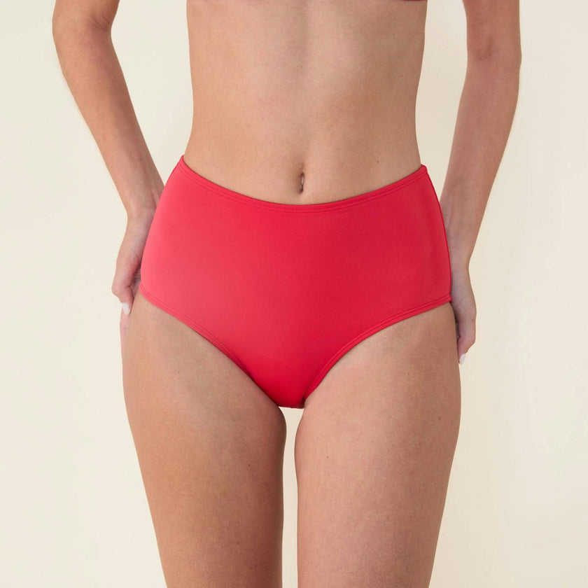 The High Waist Bikini Bottom - Eco Nylon - Cherry Red
