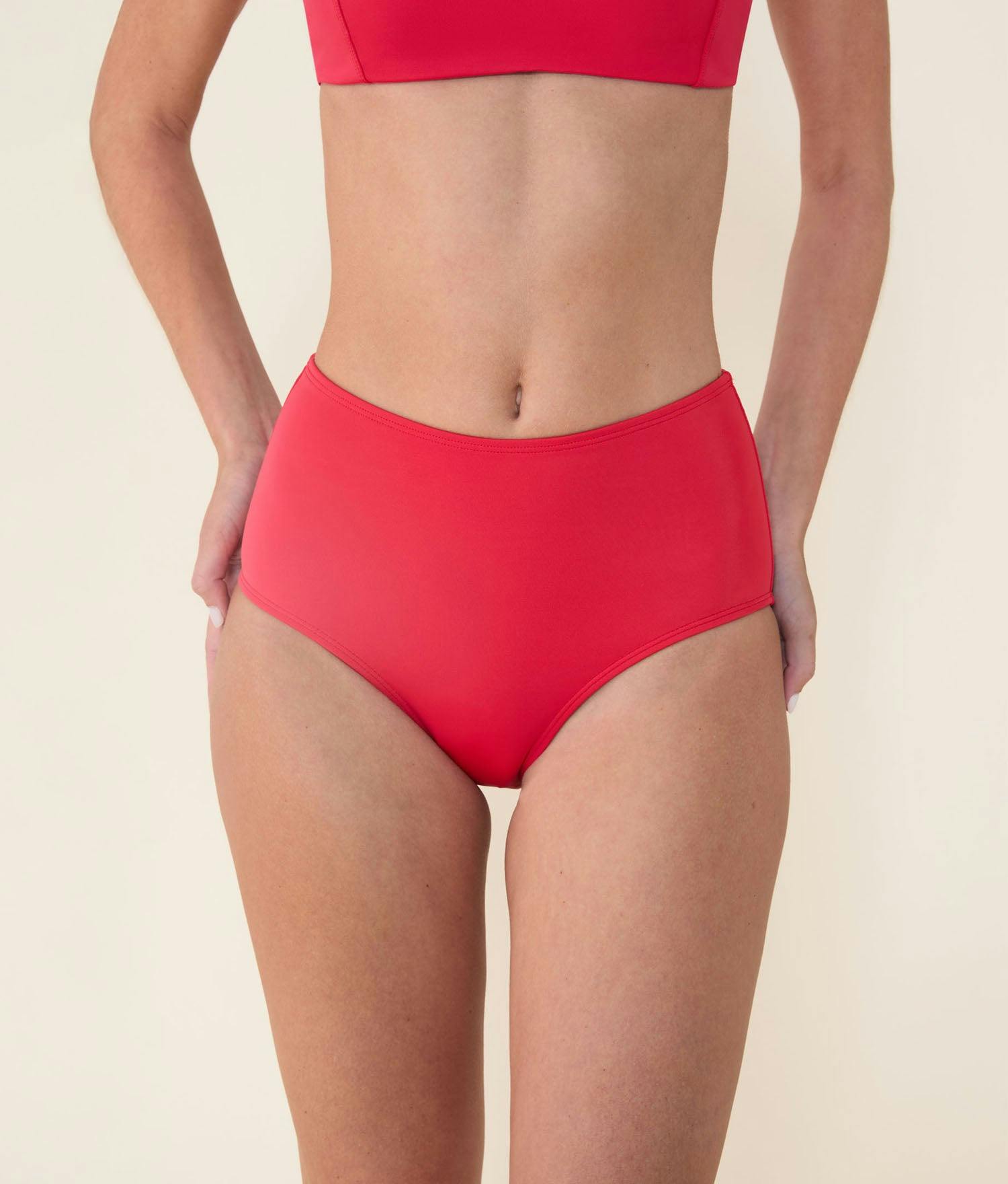 The High Waist Bikini Bottom - Eco Nylon - Cherry Red