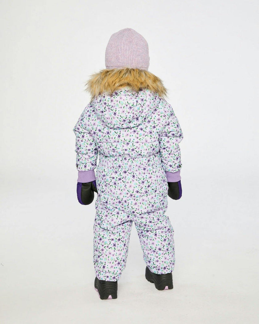 Baby Original One Piece Puffy Snowsuit With Removable Mittens And Boots Purple Printed Mini Flowers