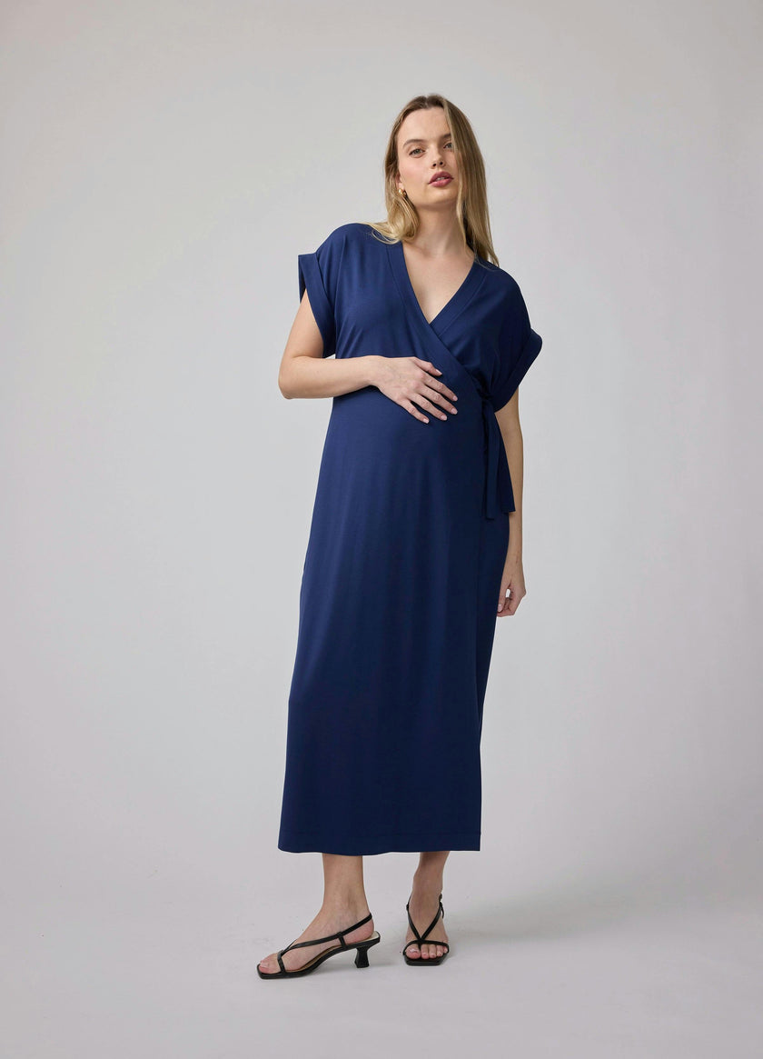 Short Sleeve Knit Wrap Maternity Midi Dress