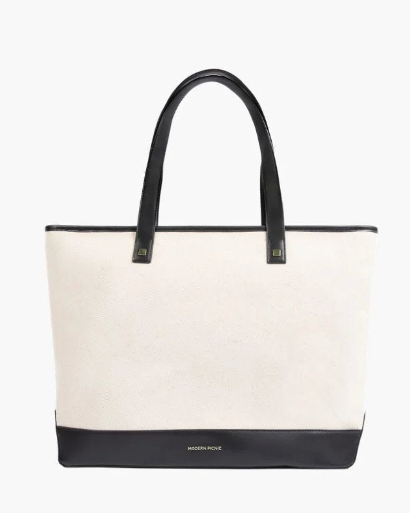 Vegan Leather Work Tote Bag with Removable Insulated Pouch, Black Canvas