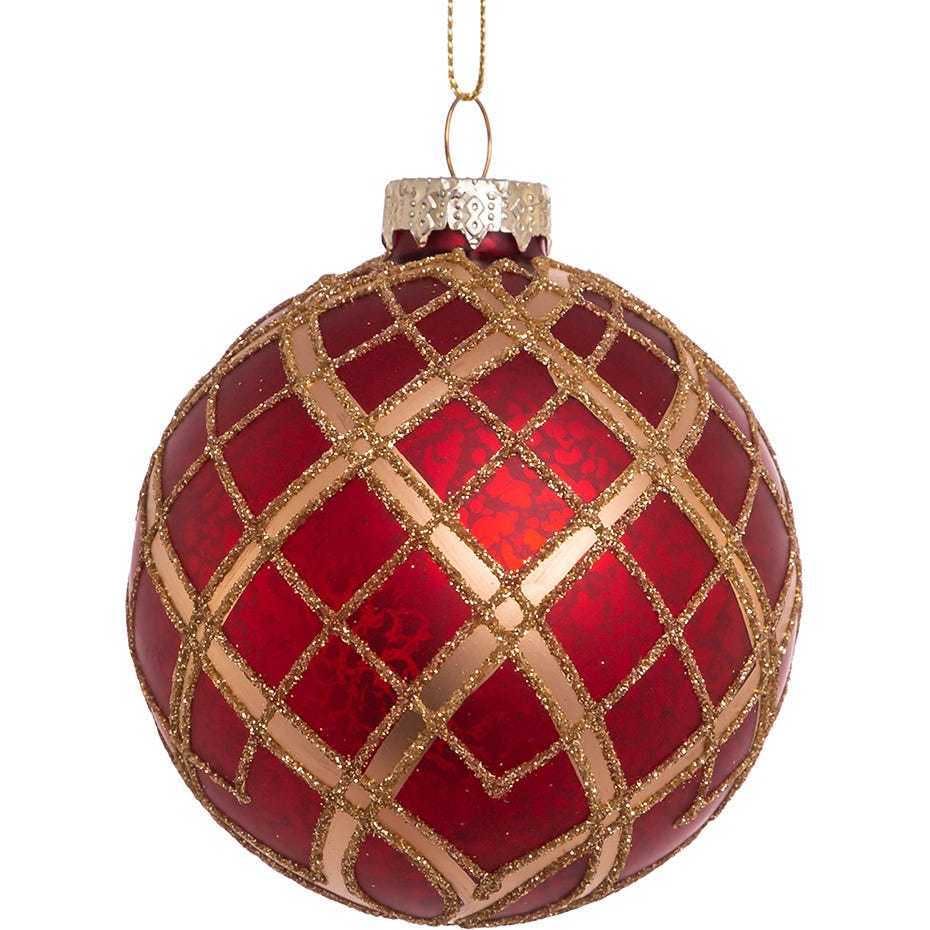 80MM Red with Gold Plaid Glass Ball Ornaments