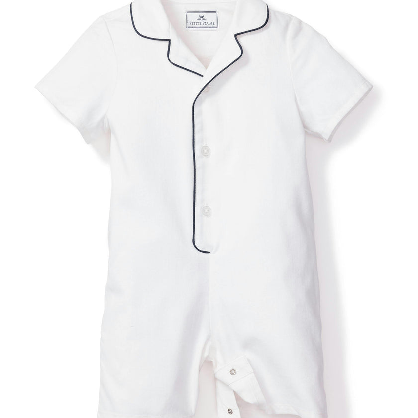 Baby's Twill Summer Romper in White with Navy Piping