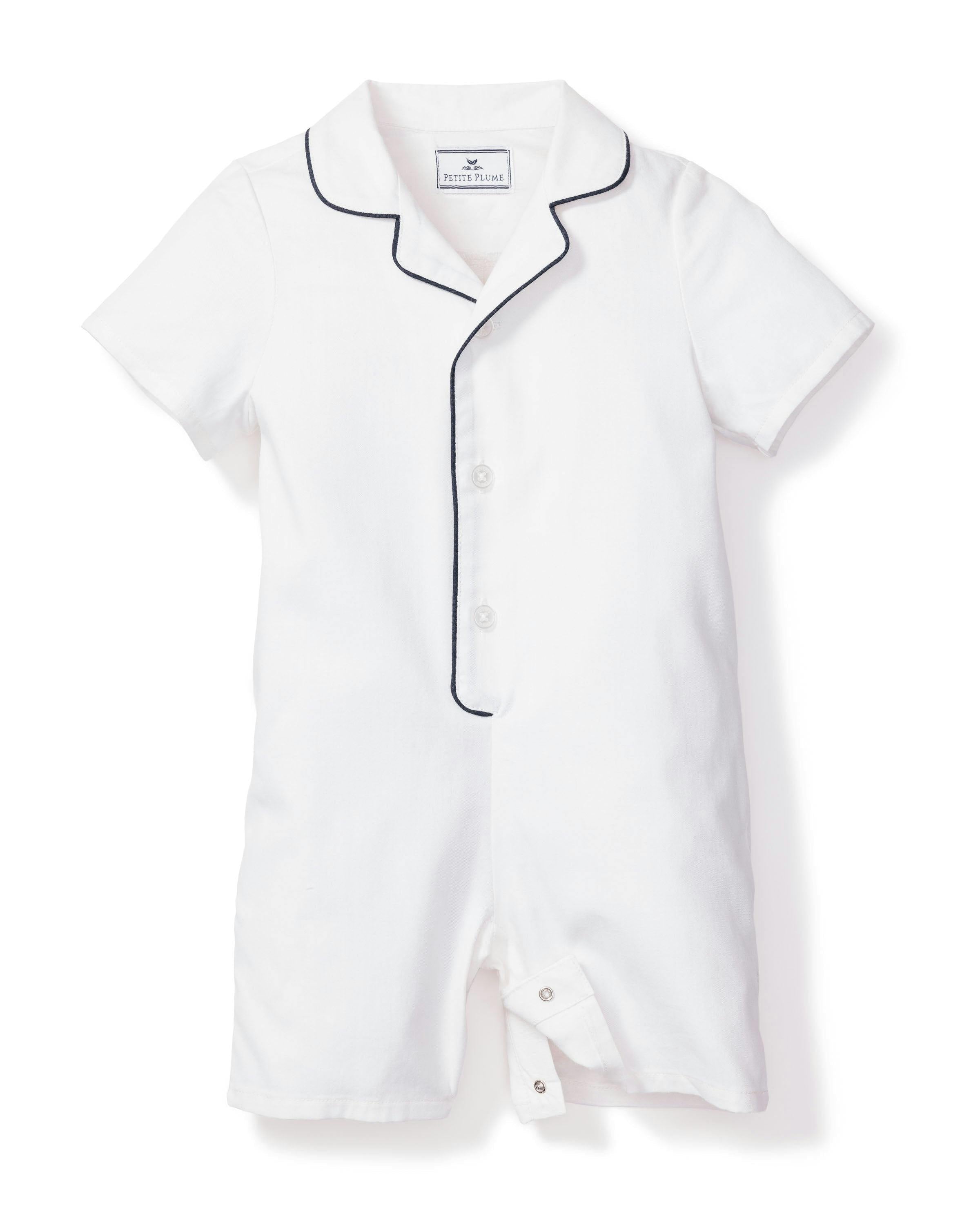 Baby's Twill Summer Romper in White with Navy Piping