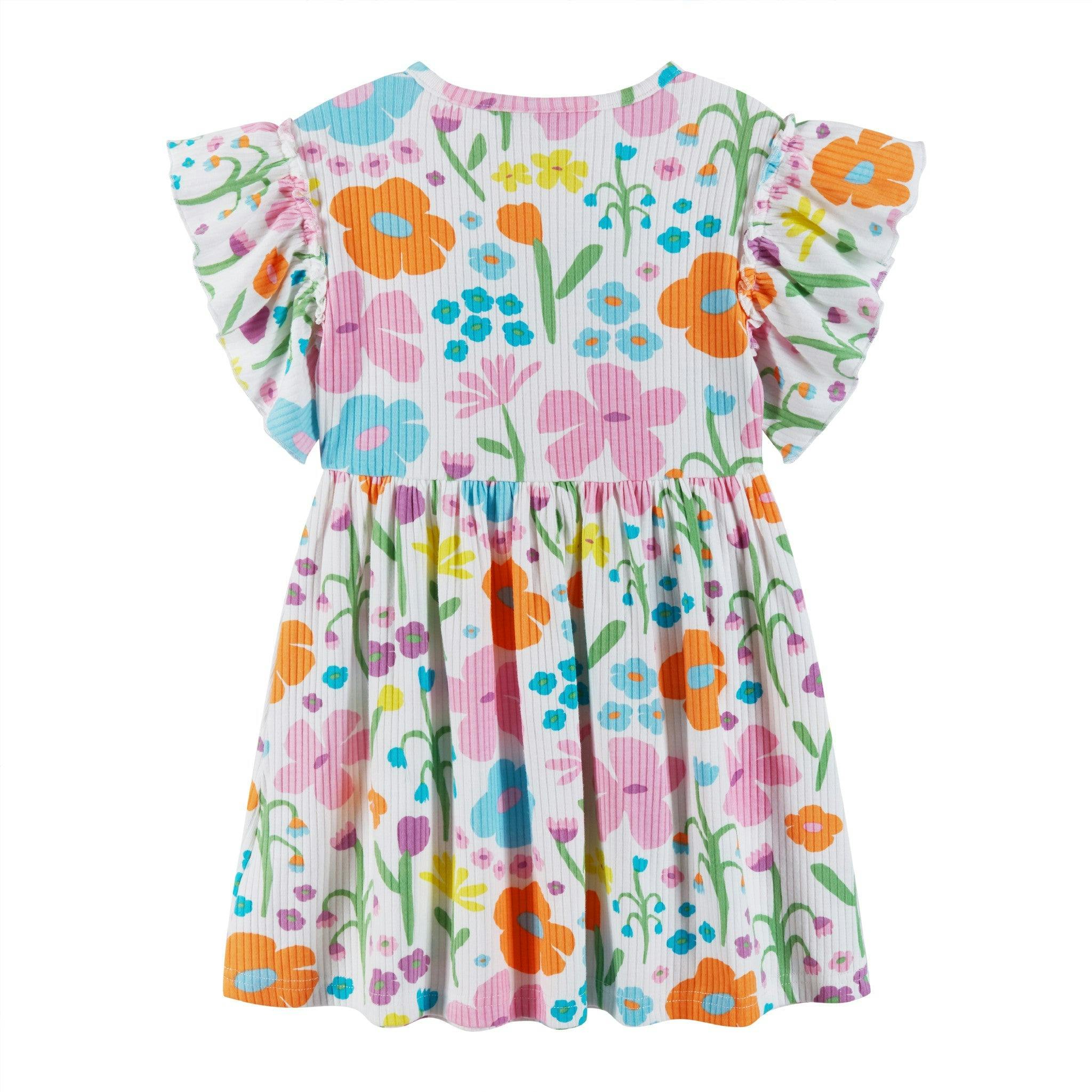 Kids White Rib Knit Dress w/ Ruffle Sleeves