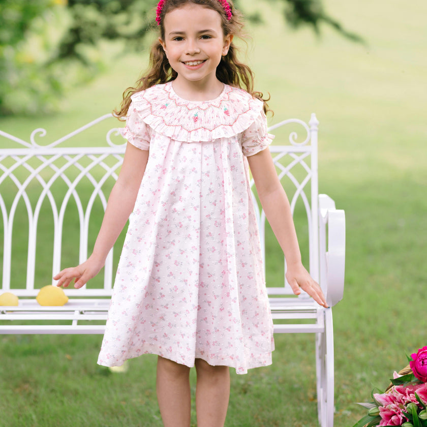 Myrtille Pink Floral Short Sleeve Bishop Dress