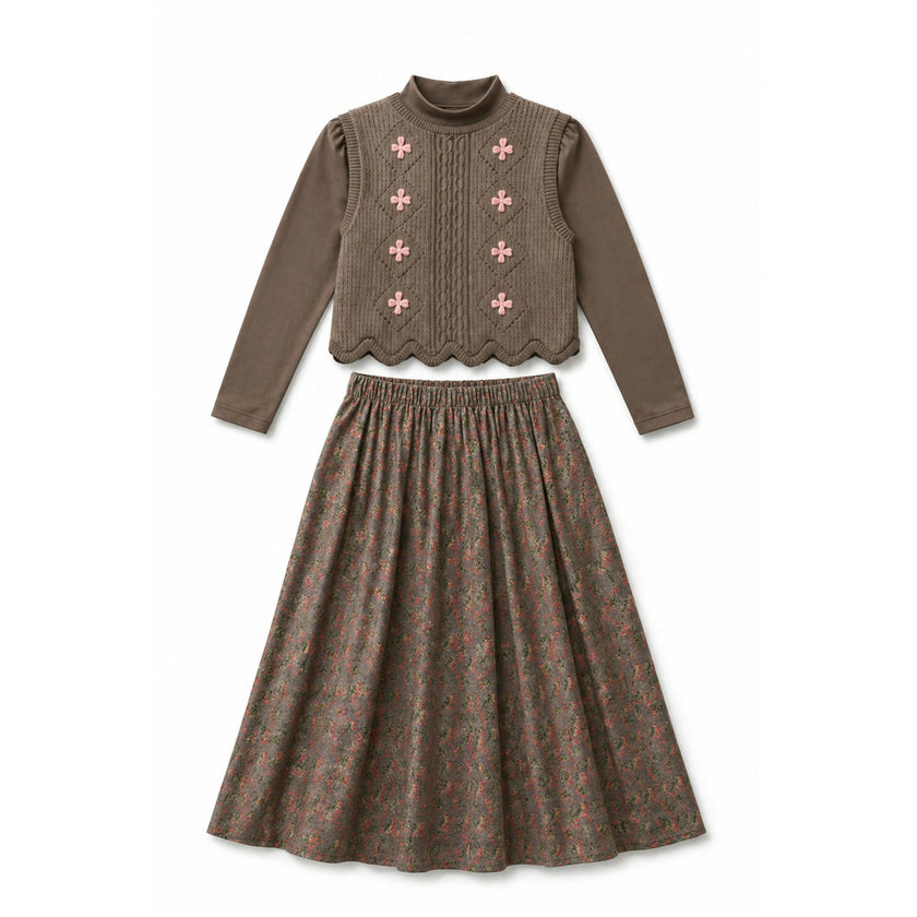 Mock Neck Top, Floral Skirt & Vest Set
