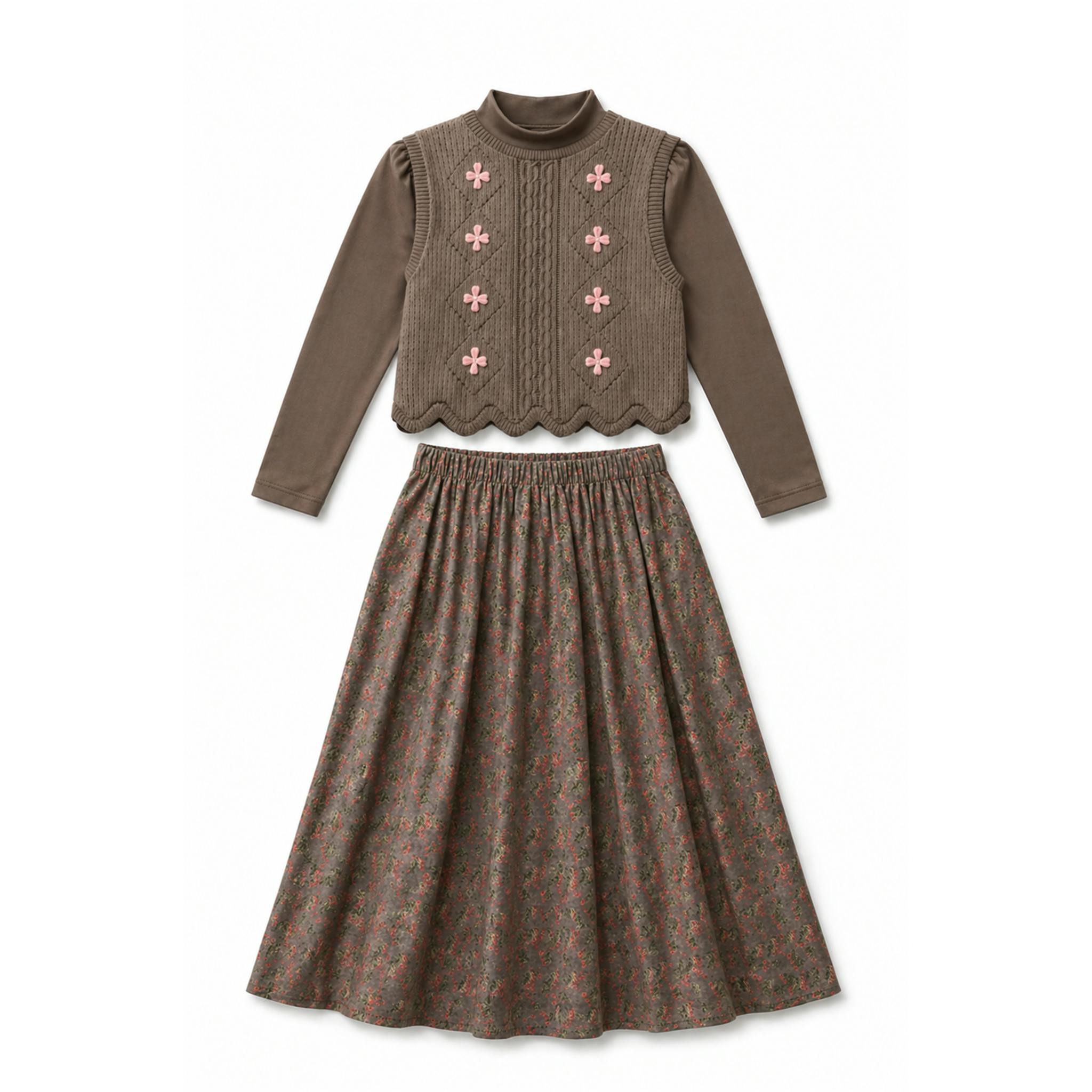 Mock Neck Top, Floral Skirt & Vest Set