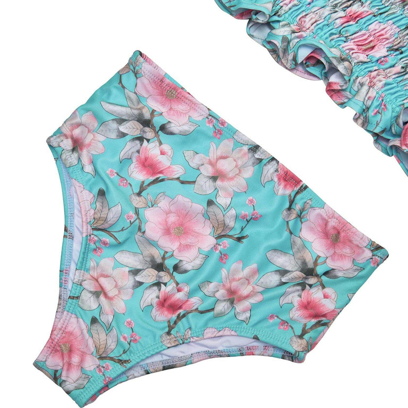 Girls Ruched Bikini Set – Adjustable Straps & High-Waisted Bottoms (Meadowlight)