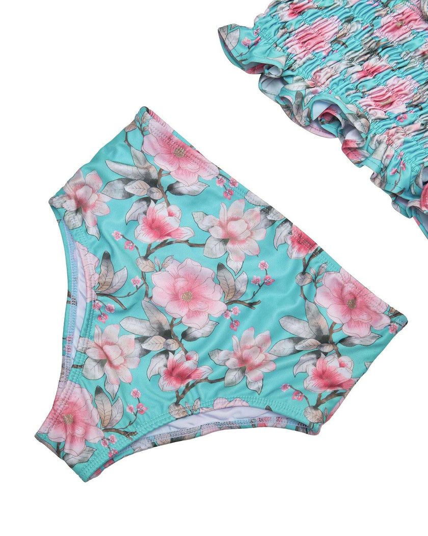 Girls Ruched Bikini Set – Adjustable Straps & High-Waisted Bottoms (Meadowlight)