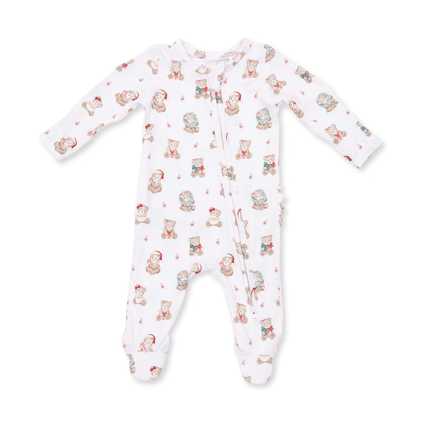 Christmas Teddy Bears Pink - 2 Way Ruffle Back Zipper Footie