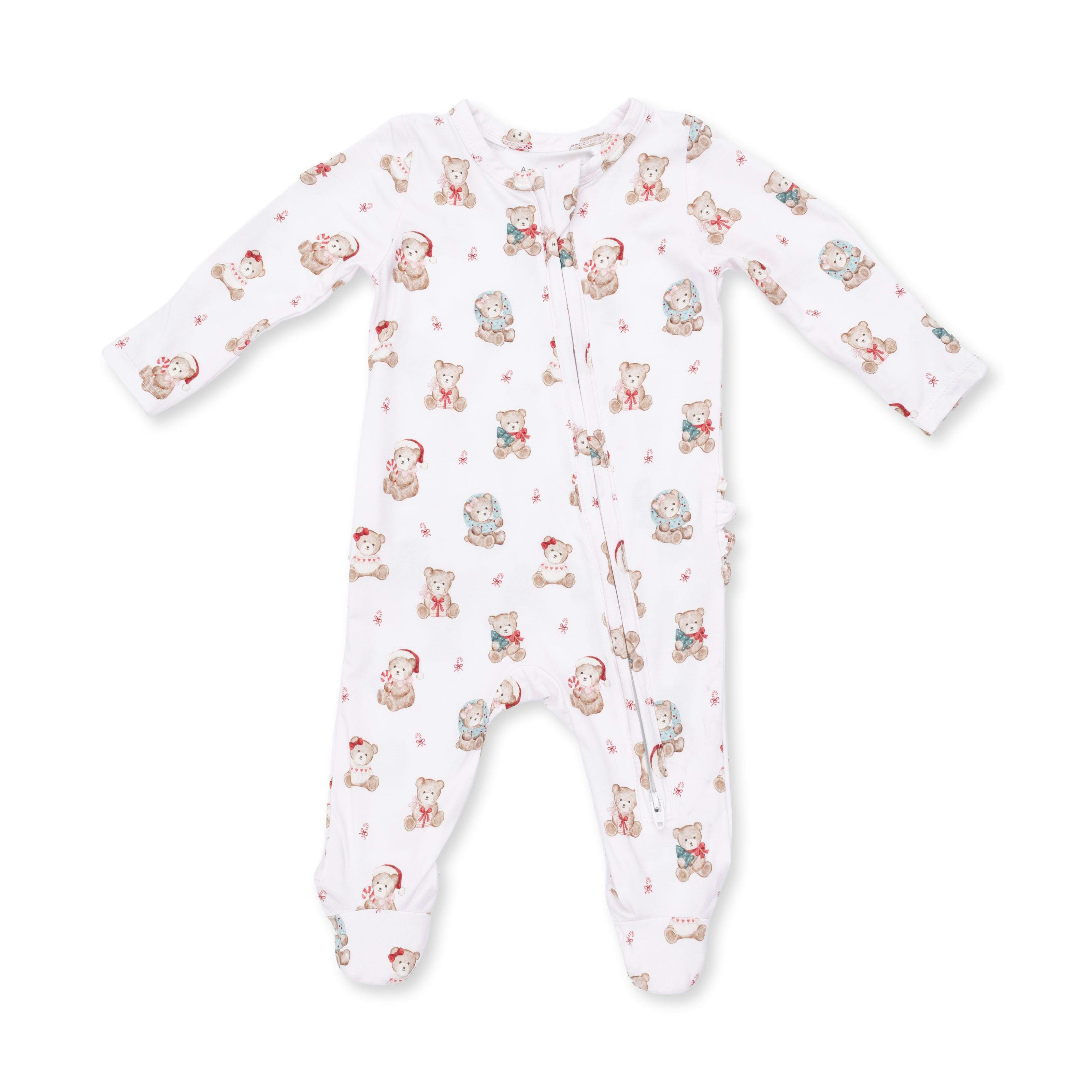 Christmas Teddy Bears Pink - 2 Way Ruffle Back Zipper Footie