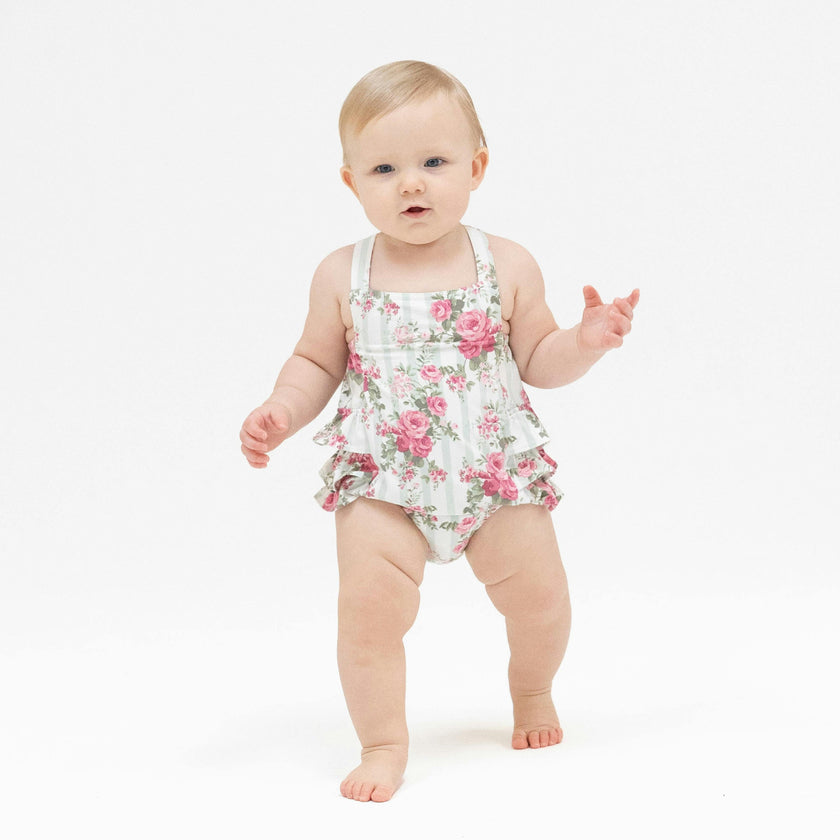 Cabbage Rose Stripe - Ruffle Sunsuit