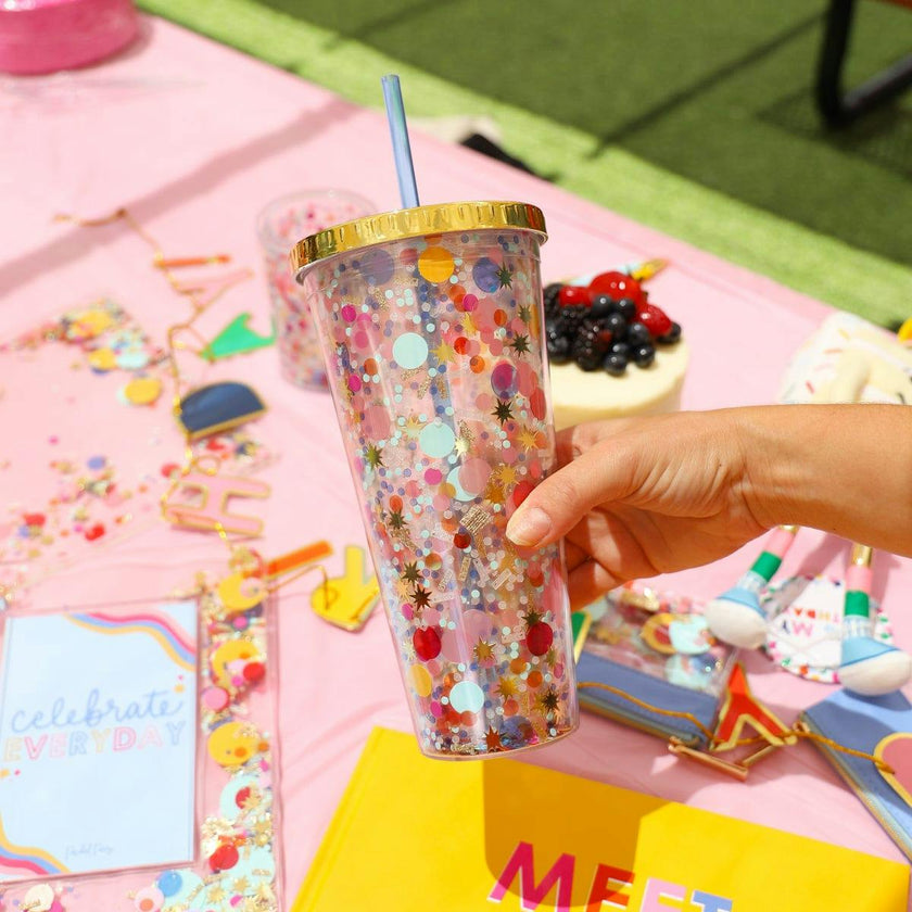 Packed Party Celebrate Every Day Confetti Reusable Tumbler - 24 oz Double Wall Plastic Tumbler with Floating Confetti, Gold Lid, and Reusable Straw, BPA-Free