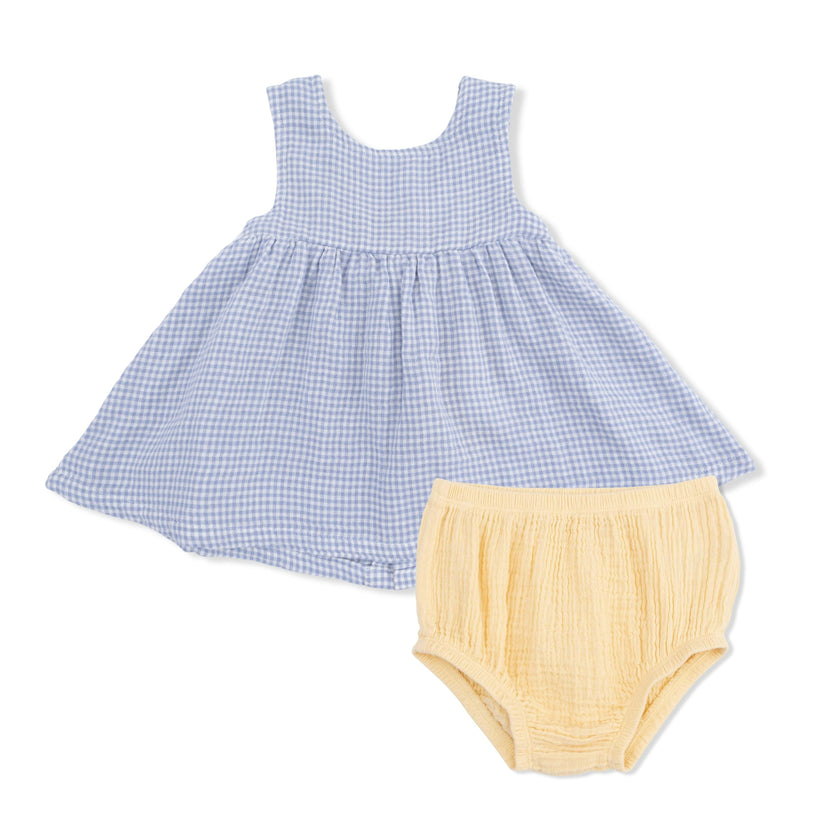 Micro Gingham Blue Blizzard - Infant Dress with Bow and Bloomer