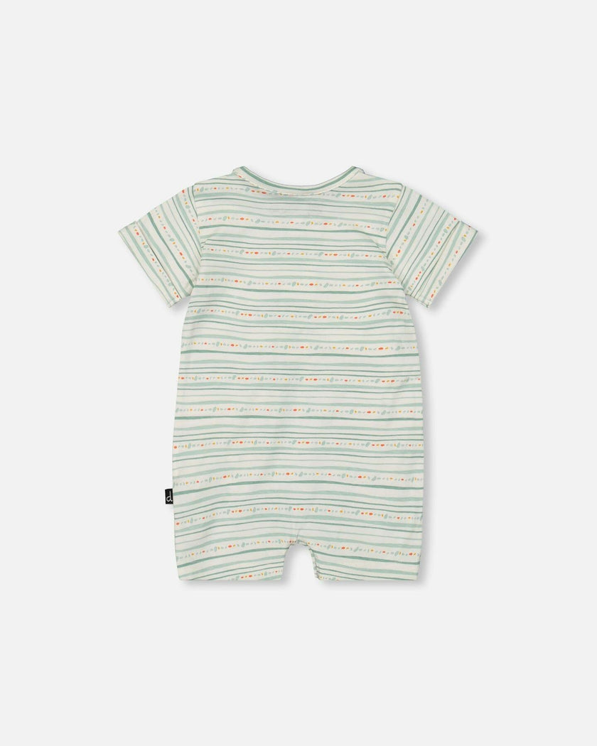 Organic Cotton Romper White Printed Mint Green Lines