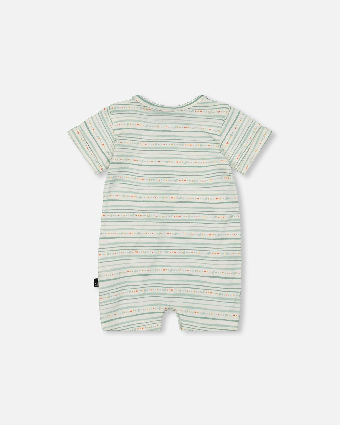Organic Cotton Romper White Printed Mint Green Lines