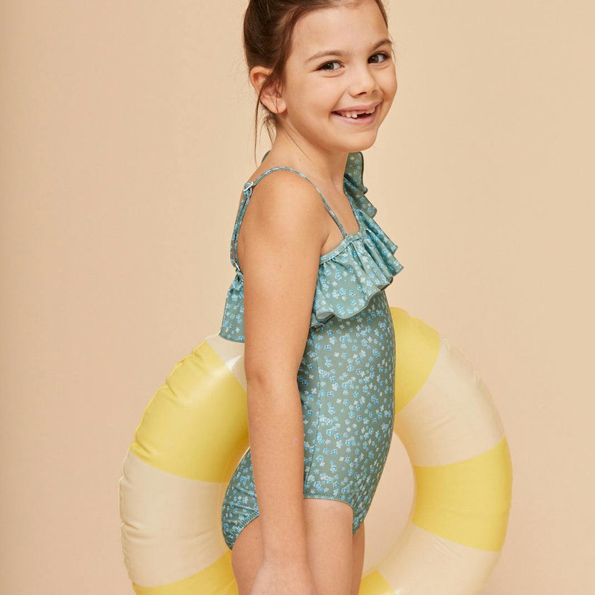 Khaki Flowers Girls' Ruffle Swimsuit
