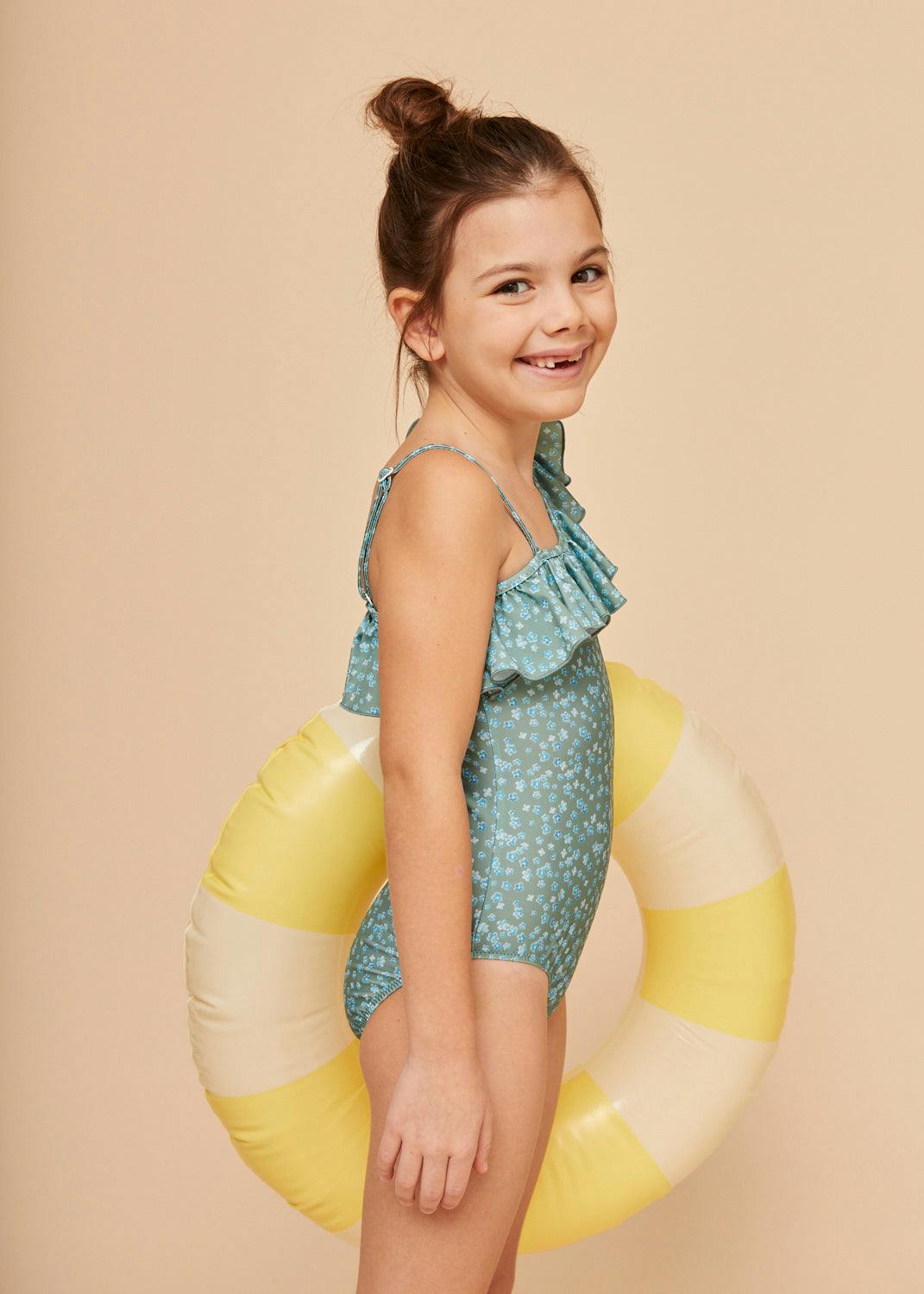 Khaki Flowers Girls' Ruffle Swimsuit