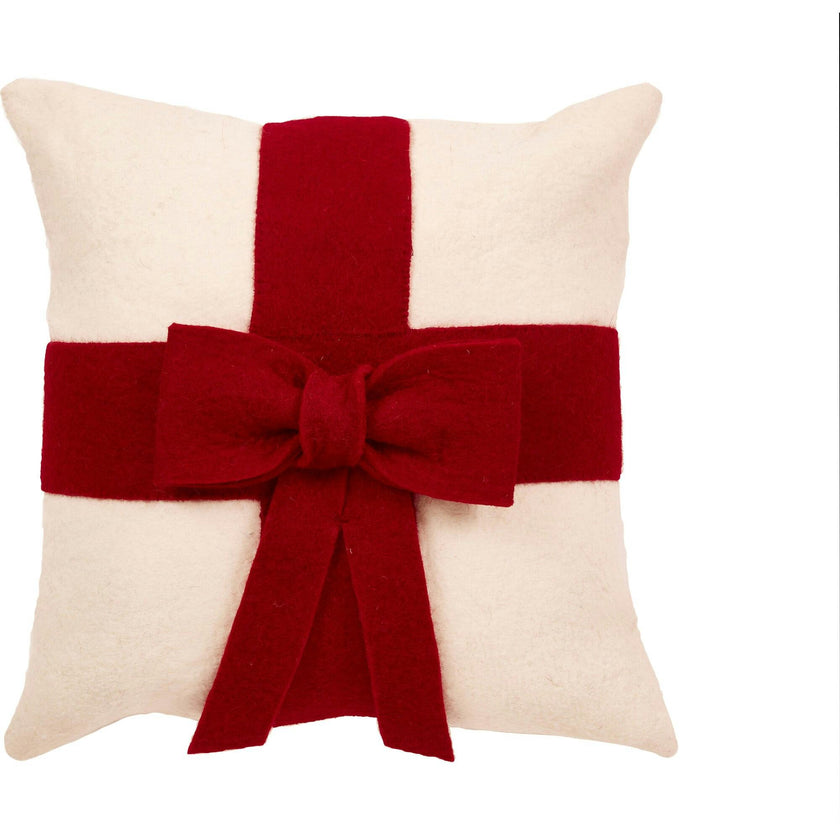 Red Bow Cream - Christmas Pillow Cover Hand Felted Wool - 20" / 14"