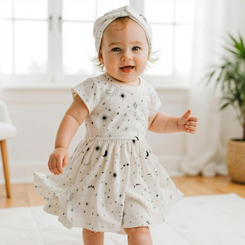 short sleeve twirl dress | celestial