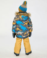 Two Piece Play Snowsuit Grey and Blue Dinosaur Print with Yellow Pants