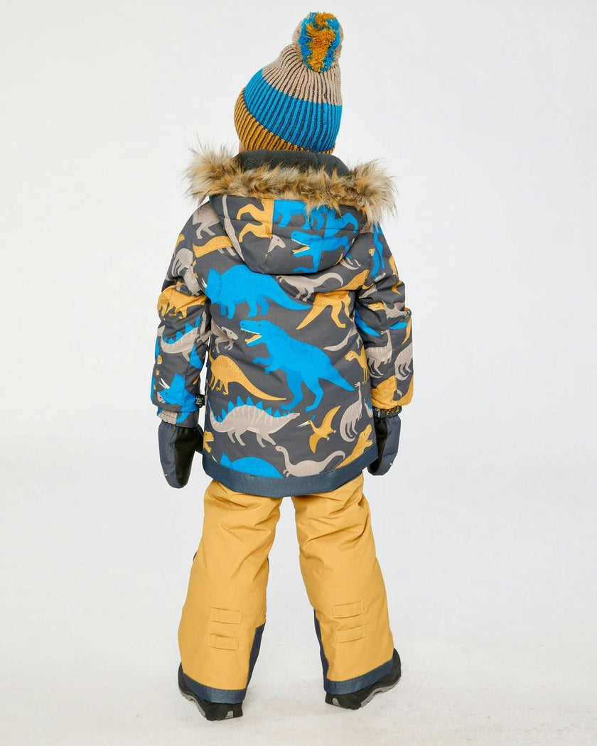 Two Piece Play Snowsuit Grey and Blue Dinosaur Print with Yellow Pants