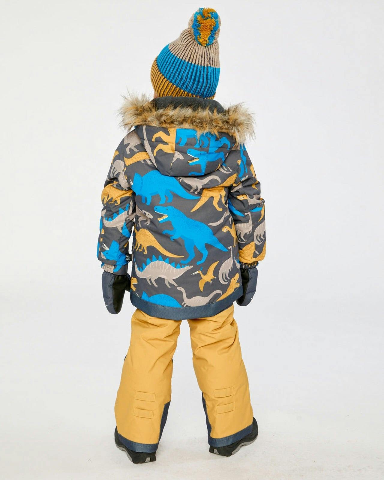 Two Piece Play Snowsuit Grey and Blue Dinosaur Print with Yellow Pants